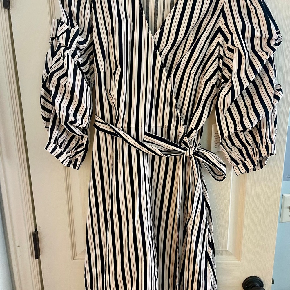 Eloquii Black and White Striped Wrap Dress with Puff Sleeves